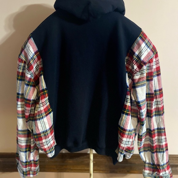 Upcycled Christmas Joy Love Peace  Believe Tree  Hoodie with plaid sleeves - Picture 2 of 2